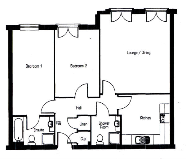 Floorplanof 2bed 2 bath flat